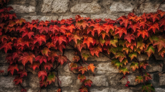 red autumn leaves on a wall facade. autumn concept template for designers. Generative AI