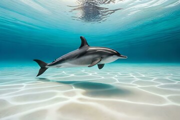 Obraz premium Dolphin swimming in crystal clear water. Created with generative Ai technology.