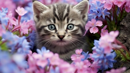 Naklejka na ściany i meble Striped kitten, tranquil amid vibrant flowers, radiates innocence.cute wallpaper