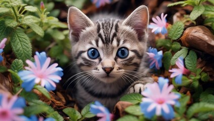 Naklejka na ściany i meble Tranquil kitten amid vibrant flowers, embodying innocence and serenity