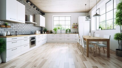 Fototapeta na wymiar White kitchen is surrounded by grey linoleum flooring, modern, flooring in focus, Generative AI