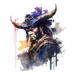 Samurai Viking with horns Helmet Warrior With Watercolors traditional Japanese 4096px PNG Transparent 300dpi digital tshirt POD, PSD, clipart book cover wallart