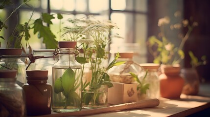 Bottles and tinctures or potions and dry healthy herbs, a bunch of medicinal herbs in glass bottles on the window. Herbal medicine. Retro style, AI generated - obrazy, fototapety, plakaty