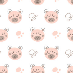 Cute doodle teddy bears seamless pattern for babies textile fabric. Children pajamas seamless pet design.