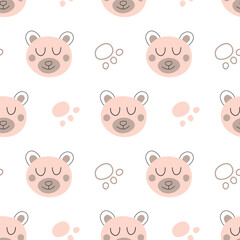 Cute doodle teddy bears seamless pattern for babies textile fabric. Children pajamas seamless pet design.