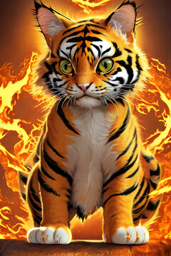tiger on a fiery background, generative ai