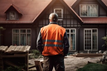 Fototapeta premium A photo of a house inspector, facing backwards, in front of a home, Generative AI