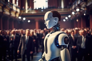 Robot of AI as the speaker, standing at a conference in Copenhagen