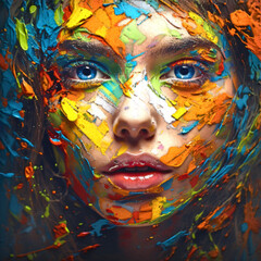 Beautiful woman's face a mixture of bright colors. Render 3d mosaic painting. Abstract multicolored artwork. Renderind image.