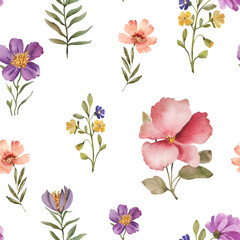 Seamless pattern with multi-colored flowers. watercolor illustrations.