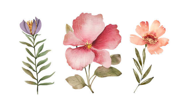 Botanical set of watercolor illustrations flowers and plants on a white background. hand painted .
