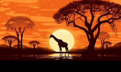 safari wild elephant sunset giraffe silhouette wildlife nature africa animal. Generative AI.