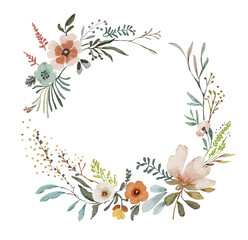 Round frame with delicate watercolor flowers, hand painted for wedding invitations.