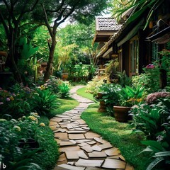 Fototapeta na wymiar Sunny Natural Simple Curving Landscaped Home Garden Walkway Foot Path Leading to Private House Outdoor Exterior Entry Entrance Front Door Flower Bush Plant Green Grass Lawn Summer Garden Generative AI