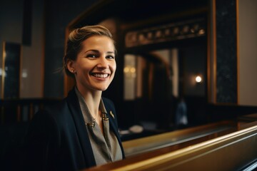 A friendly woman at the reception of a hotel created with generative AI technology. - obrazy, fototapety, plakaty