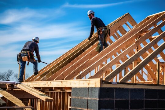 Carpenters build a roof on a residential house created with generative AI technology.