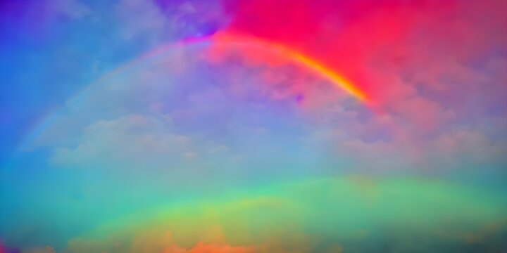 Captivating, vivid photograph of a colorful rainbow that appears in a cloudless sky.