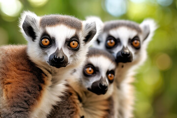 Obraz premium Three ring tailed lemurs looking at the camera