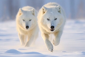 Two white wolves running through the snow