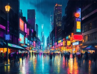 A vibrant cityscape at night, alive with colorful lights and bustling activity, skyscrapers reaching for the stars, reflections shimmering on wet pavement after a rain shower