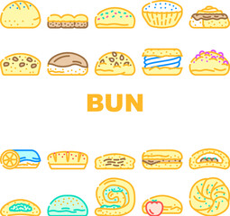 bun bread burger hamburger icons set vector. food sandwich, sesame roll, brioche chinese, taiwan top, empty meat, view baked bun bread burger hamburger color line illustrations