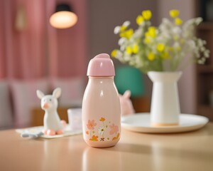Fototapeta na wymiar A baby s milk bottle on a table with a nursery background, capturing the innocence and care of childhood. Generative AI