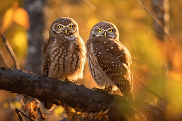 Fototapeta premium Two cute owls sitting on a branch in an autumn forest