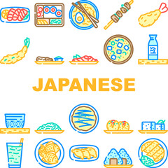 japanese food sushi japan icons set vector. sashimi asian menu, salmon dinner, delicious traditional, temaki roll, restaurant japanese food sushi japan color line illustrations