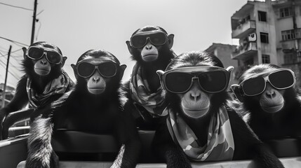 A gang of masked monkeys wearing black sunglasses on top of a tank in the midst of the city. Generative AI
