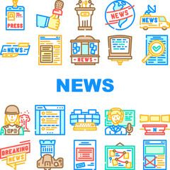 news media screen business icons set vector. digital online, information technology, breaking tv, press world, internet daily news media screen business color line illustrations