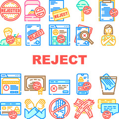 reject deny document cancel icons set vector. business stamp, man negative, x hand, wrong delete, cros, decline, approve seal reject deny document cancel color line illustrations