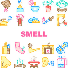 smell nose aroma odor icons set vector. sense gas, air line, smoke cloud, fragrance fresh, bad loss, anosmia fart, woman smell nose aroma odor color line illustrations