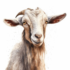 smiling goat with horns on a white background, generative AI