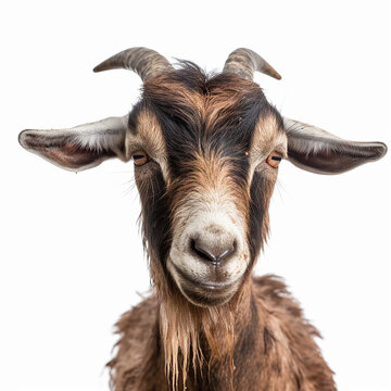 smiling goat with horns on a white background, generative AI