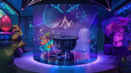 A fountain inside a futuristic building