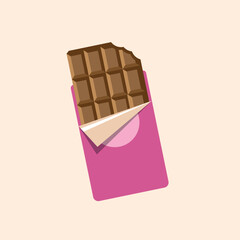 Chocolate bar in opened pink wrapped and foil isolated, vector illustration in flat style.
