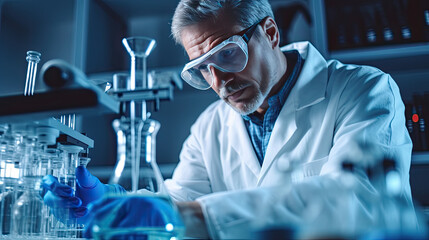 Scientist examining sample in beaker in laboratory. Generative AI