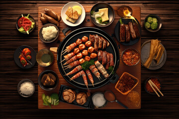 Top view Japanese food in a restaurant Grilled Japanese style bbq. Generative AI
