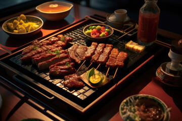 Top view Japanese food in a restaurant Grilled Japanese style bbq. Generative AI