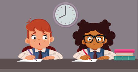 Student Cheating on a Test Copying from Classmate Vector Cartoon Illustration. Cheating classmate trying to steal the work of another pupil
 - obrazy, fototapety, plakaty