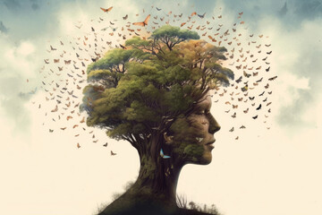 Conceptual image of a person's head made out of nature tree and butterflies. Generative AI.
