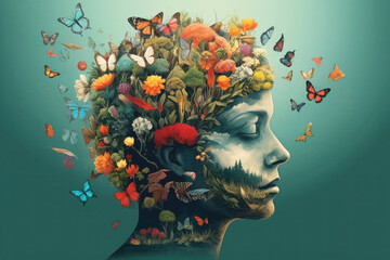 Conceptual image of a person's head made out of butterflies and flowers Generative AI.