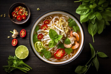 vegetable background soup japanese bowl meal noodle cookery hot asian food. Generative AI.