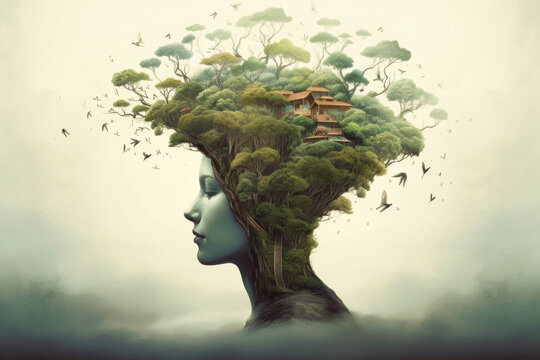 Conceptual image of woman's head made out of nature tree and birds. Generative AI.