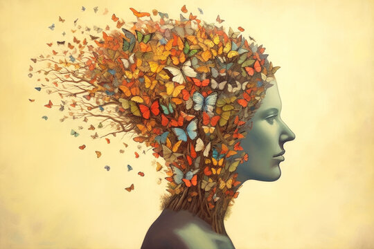 Conceptual image of a person's head made out of butterflies. Generative AI.