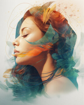 Fashion image of woman with graphics and nature swirling energy around her. Generative AI.
