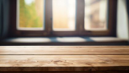 Wooden table on defocused windowsill background