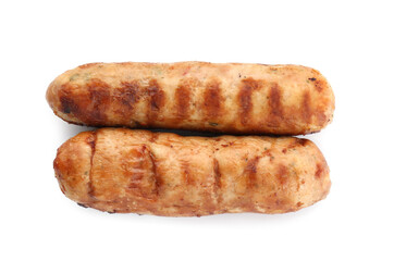 Tasty fresh grilled sausages isolated on white, top view