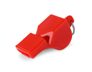 One red plastic whistle isolated on white