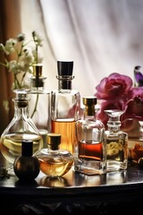 bottles and flacons with perfume essences and oils, the concept of making spirit of perfume products, AI generation